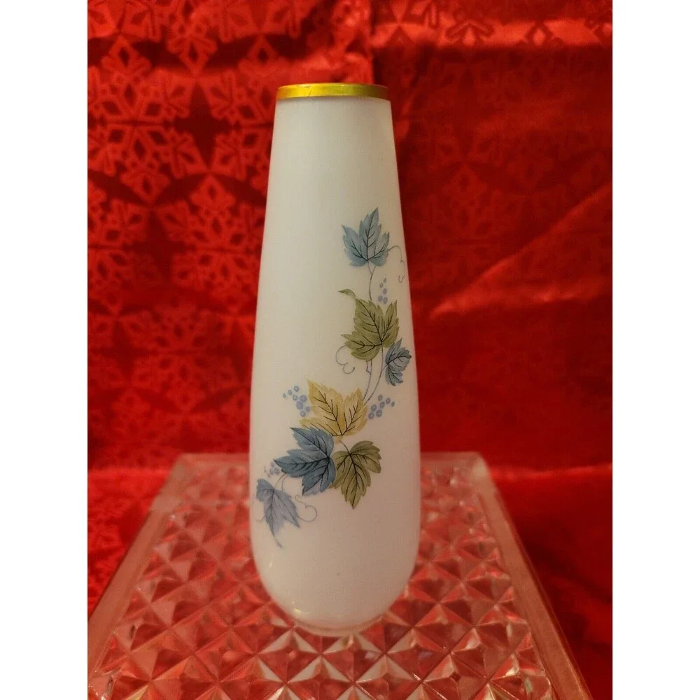 Vintage Fall Frosted Satin Glass Vase Blue Green Gold Leaves Trim Made in Japan